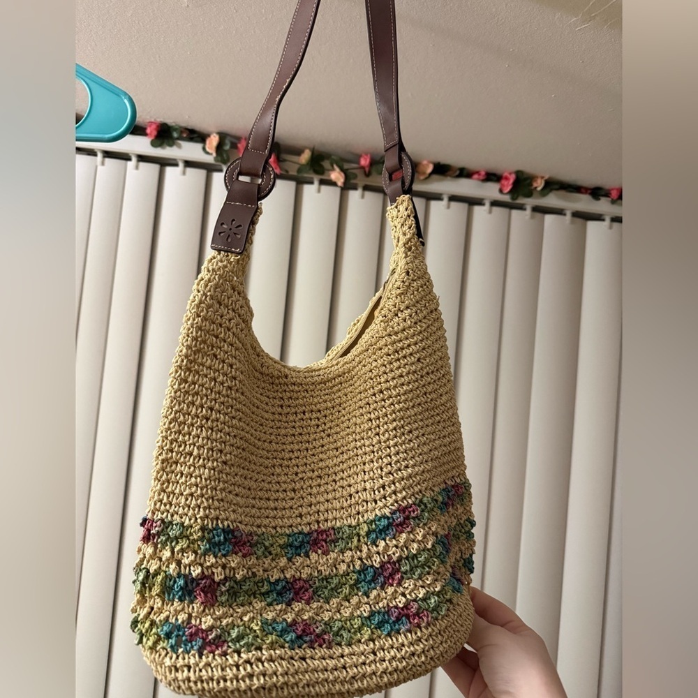 Boho crochet shoulder bag colorful woven detail leather straps festival beach - Picture 3 of 4